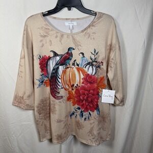 Coral‎ Bay Womens Glitter Fall Pumpkin Bird Top Beige Floral 3/4 Sleeve L